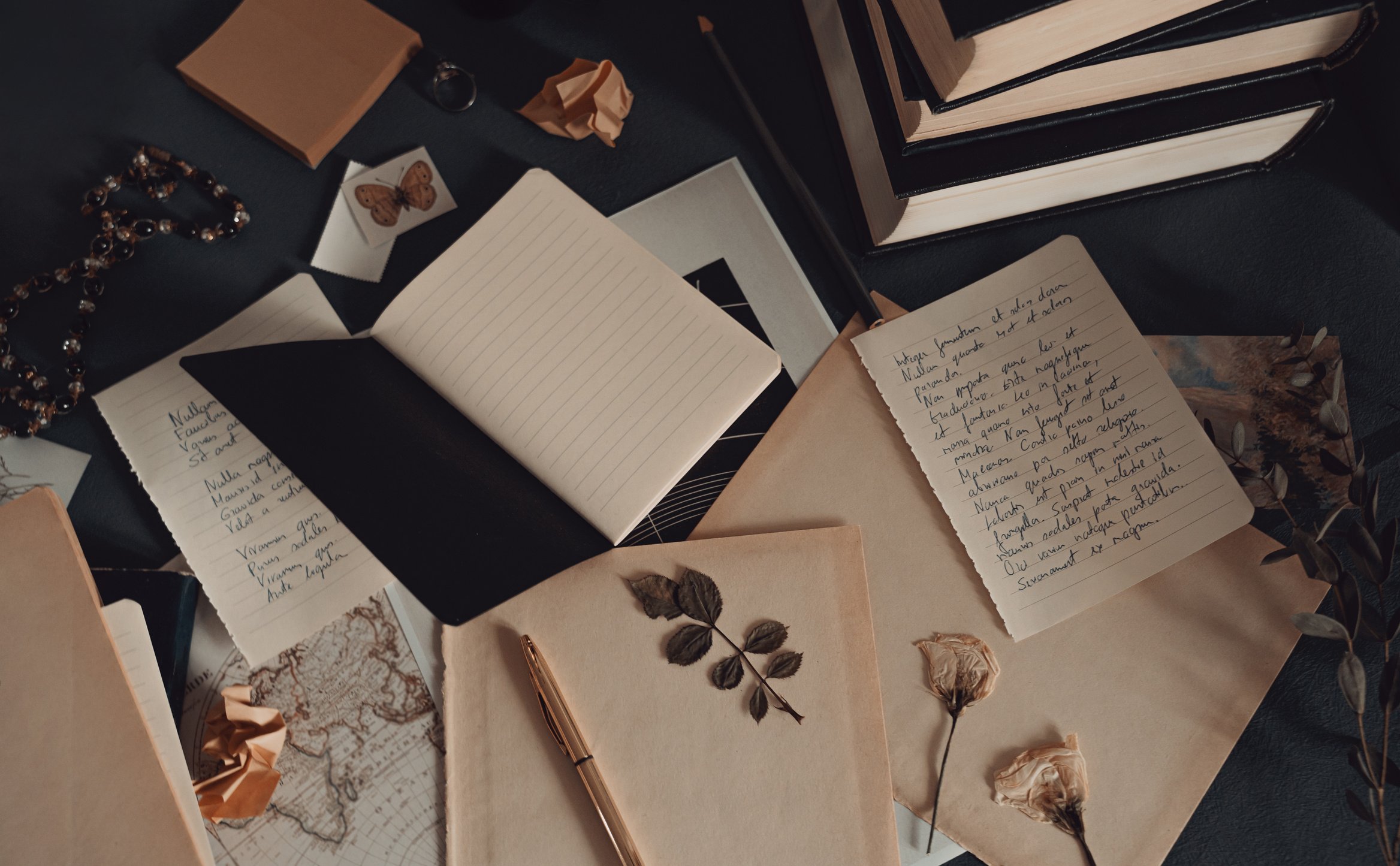 Vintage dark academia aesthetic styled desk, writer aesthetic